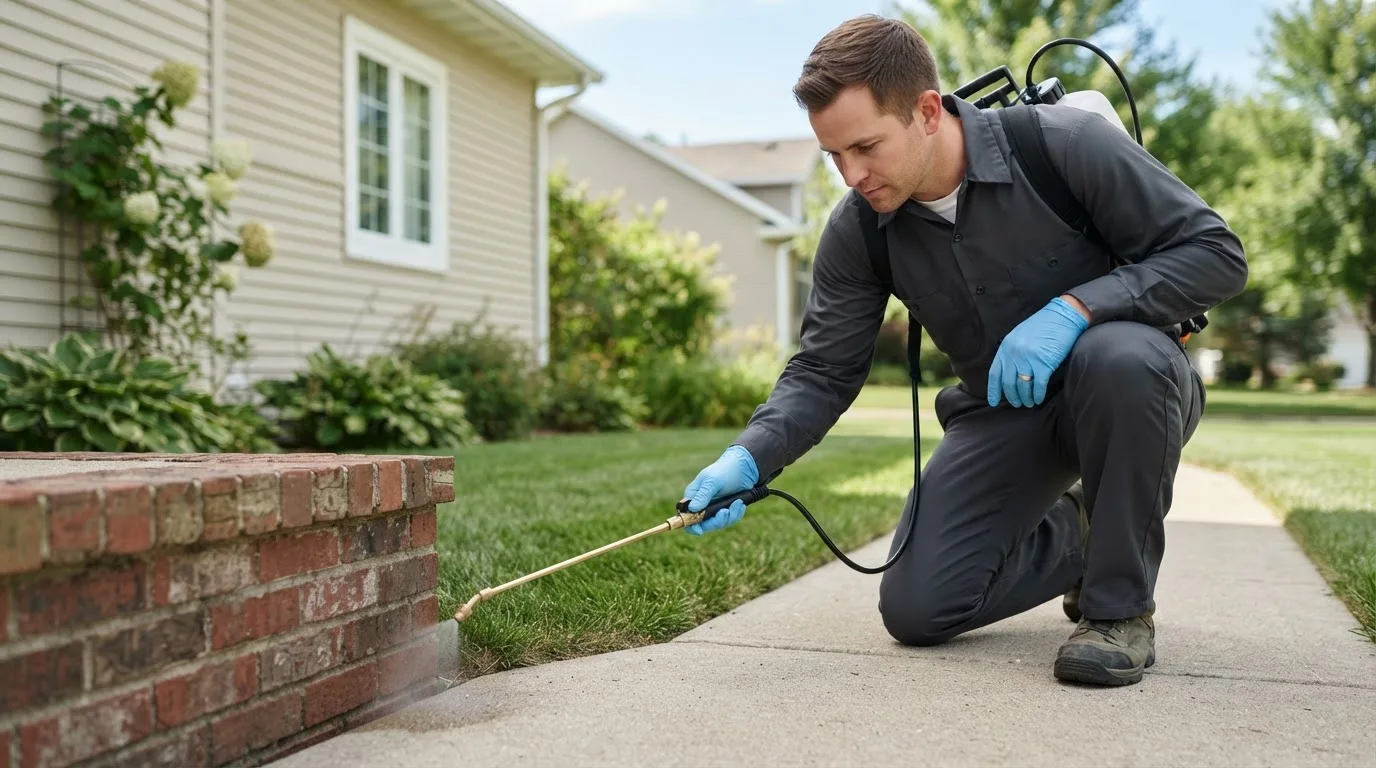 Pest control technician treating a home near Waldron, AR